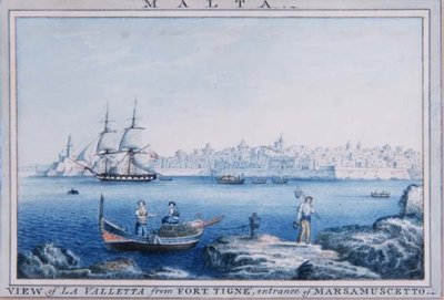 Malta: Utsikt over La Valletta fra Fort Tigne, inngangen til Marsamuscetto (akvarell) av Anton the Younger (circle) Schranz