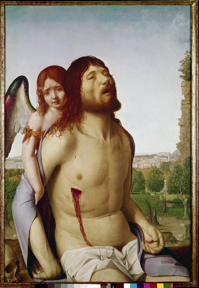 Den døde Kristus støttet av en engel. (olje på panel av Antonello da Messina