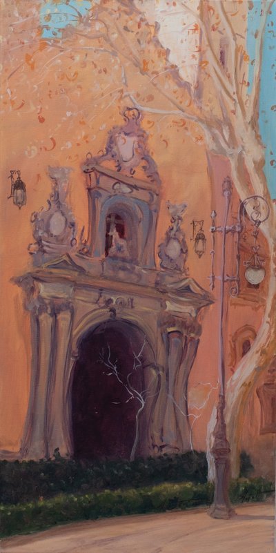 Granada Door, 2016 (olje på lerret) av Antonia Myatt