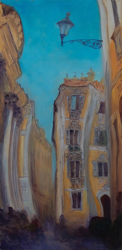 På jakt etter fontenen, Italia, 2015 (olje på lerret) av Antonia Myatt