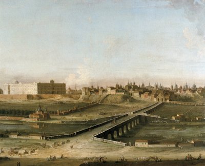 Utsikt over byen Madrid med det kongelige palasset ca 1750 fra høyre bredd av elven Manzanares, detalj (olje på lerret) av Antonia de dipi Joli