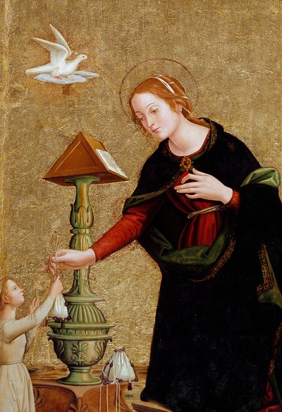 Detalj av jomfruen, fra kunngjøringen med kardinal Juan de Torquemada (maleri, ca. 1460) av Antoniazzo Romano