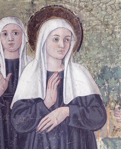 Livet til St. Francesca Romana : Da hun kom tilbake fra St. Pauls basilika, ble helgenen fanget i ekstase, i en bekk, men reiste seg helt tørr, detaljer (Fresco av Antoniazzo Romano