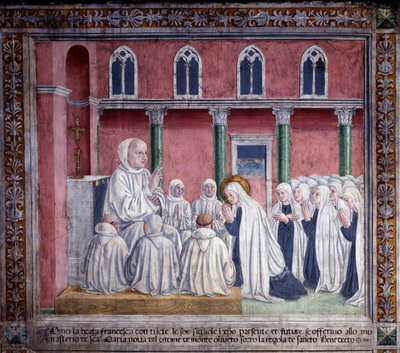 Livet til St. Francesca Romana : Helgenen og oblatene tilbyr seg til benediktinerordenen og slår seg ned i kirken Santa Maria Nova, Roma (Fresco) av Antoniazzo Romano