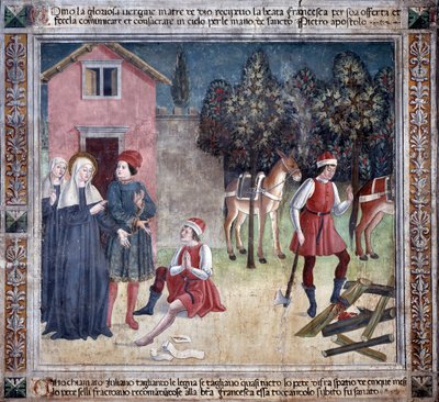 Livet til St. Francesca Romana : Helgenen helbreder en mann med den sårede foten (Fresco av Antoniazzo Romano