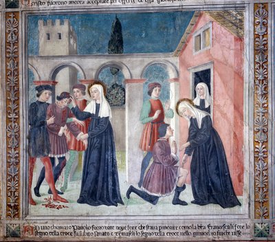 Livet til St. Francesca Romana : Helgenen helbreder en såret mann (Fresco av Antoniazzo Romano