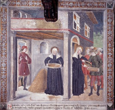 Livet til St. Francesca Romana : under en alvorlig hungersnød i 1402, gir Francesca alt sitt korn til de fattige (Fresco av Antoniazzo Romano
