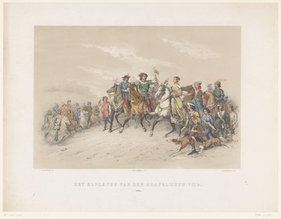 Utrecht-maskeraden fra 1851: Hoflivet i 1296 Grevenes hoffliv. 1296 (tittel på objekt) Den patriotiske historien. fra de tidligste tider til slutten av 1600-tallet, i åtte scener, presentert i kostyme av HH Dtudente av Antonie Johannes Groeneveldt
