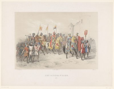 Utrecht Masquerade of 1851: Knighthood, 1217 The Knighthood, 1217 (tittel på objekt) Den nasjonale historien. fra de tidligste tider til slutten av 1600-tallet, i åtte scener, presentert i kostyme av H.H. Studenter ved Utrechtsche Hoo av Antonie Johannes Groeneveldt