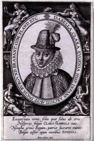 Portrett av Isabella Clara Eugenia av Østerrike (1566-1633) kone til Albert, erkehertug av Østerrike (1559-1621) (gravering) av Antonie Wierix