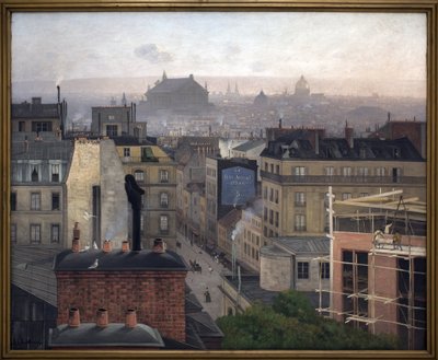 Paris sett fra Montmartre. På veggen til en av bygningene, en annonse for «Den lille avisen». Maleri av Antonin Chitussi (Chittussi) (1847-1891), olje på lerret av Antonin Chittussi
