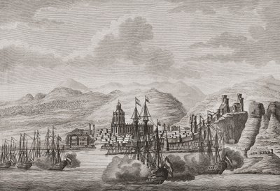 Den nederlandske flåten utenfor Malaga, Spania 1784 skyter salutt. (skrive ut) av Antonio (after) Suntach