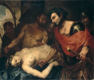 Nero (37-68 e.Kr.) med liket av sin mor Agrippina (15-59 e.Kr.) (olje på lerret) av Antonio (attr. to) Zanchi