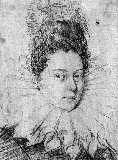 Portrett av en ung dame iført ruff og med en forseggjort coiffe (kritt på papir) av Antonio (circle of) Campi
