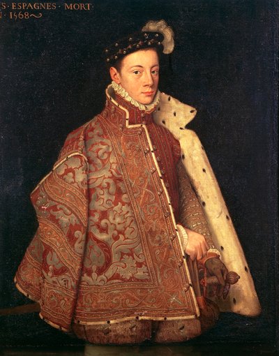 Portrett av Don Carlos, prinsen av Asturias (olje på lerret) av Antonio (studio of) (attr. to) Moro