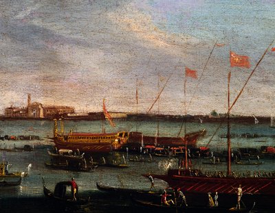 Bucentaur (statlig bysse for dogene i Venezia) ved Lido i Venezia, olje på lerret, School of Canaletto, Italia av Antonio (studio of) Canaletto