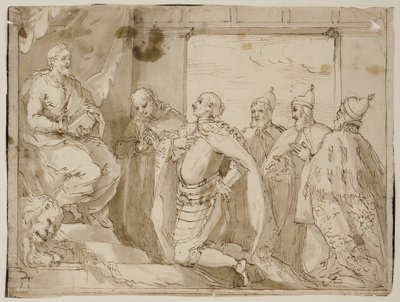 En kledd kriger, en mann i kappe og tre hunder som kneler foran den tronende St Mark av Antonio Aliense