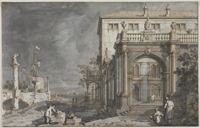 Capriccio: Et palass med en gårdsplass ved lagunen av Antonio Canaletto