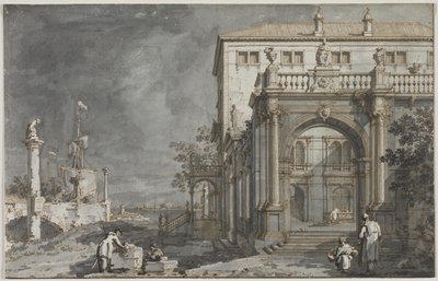 Capriccio: Et palass med en gårdsplass ved lagunen, ca. 1750-1755. av Giovanni Antonio Canal