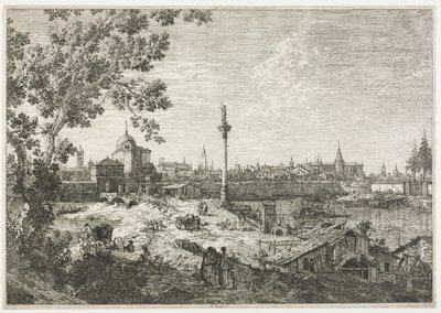 Panorama av en by ved en elv av Antonio Canaletto