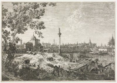 Panorama av en by ved en elv. av Giovanni Antonio Canal