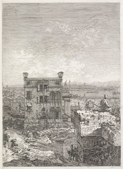 Utsikt: Et hus omgitt av seks søyler, 1735-1746. av Giovanni Antonio Canal