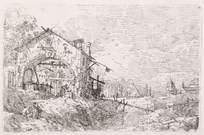 Visninger: En kvinne som tegner vann under en bue av Antonio Canaletto