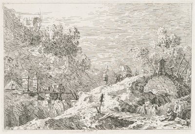Utsikt: Fjelllandskap med fem broer, 1735-1746. av Giovanni Antonio Canal