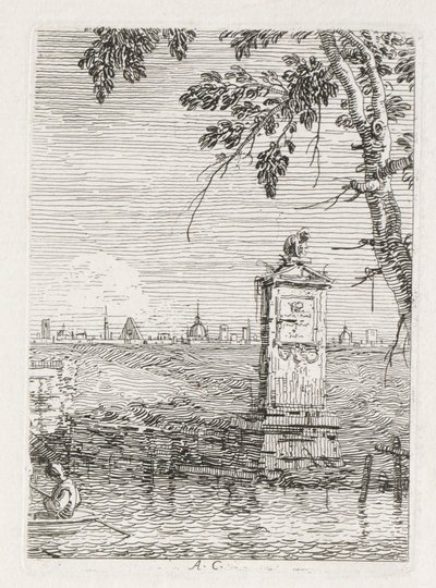 Visninger: Det lille monumentet under et tre av Antonio Canaletto
