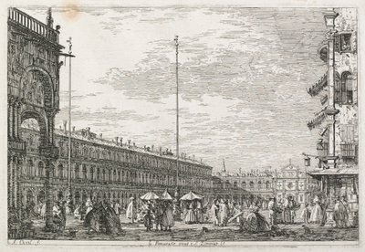 Utsikt: Prokuratorpalasset og kirken St. Géminien, Venezia av Antonio Canaletto