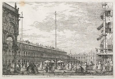 Utsikt: Prokuratorpalasset og kirken St. Géminien, Venezia, 1735-1746. av Giovanni Antonio Canal