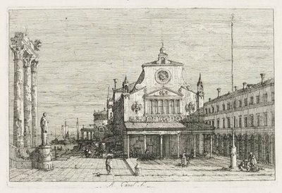 Utsikt: Tre søyler og en statue på havkysten av Antonio Canaletto