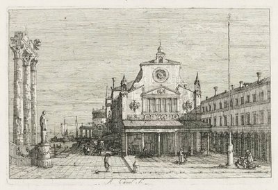 Visninger: Tre søyler og en statue på havkysten, 1735-1746. av Giovanni Antonio Canal