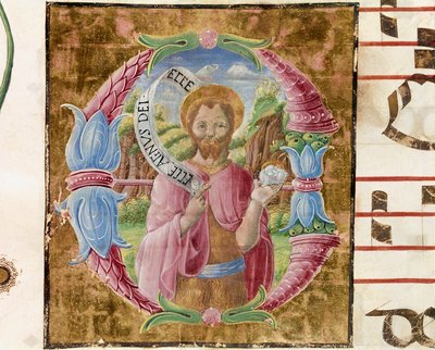 Døperen Johannes Lettrine opplyst av Antonio Cicognari. Detalj av et antifonarium. 1483. Cremone, kor 4, kapittel i katedralen av Antonio Cicognara