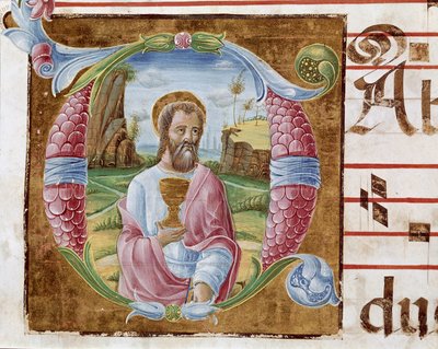 Evangelisten Johannes Lettrine opplyst av Antonio Cicognari. Detalj av et antifonarium. 1483. Cremone, kor 4, capitolo del duomo av Antonio Cicognara
