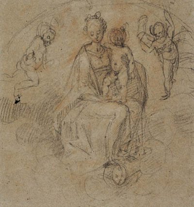 Madonna og Child i skyene flankert av to putti av Antonio Cimatori