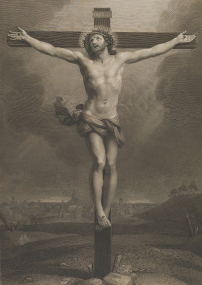 Kristus på korset, en by i bakgrunnen, etter Reni, 1850-88. av Antonio Dalco