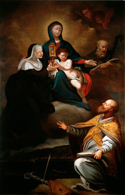Jomfru med barn, med den hellige Erasmus av Formia, den hellige Augustin av Hippo og den hellige Clara (olje på lerret av Antonio Giolfi