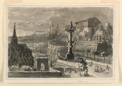 Scenedesign, agglomerering av ulike bygninger av Antonio Giuseppe Basoli