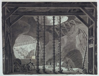 Scenedesign, menn som bygger bygning i hule av Antonio Giuseppe Basoli