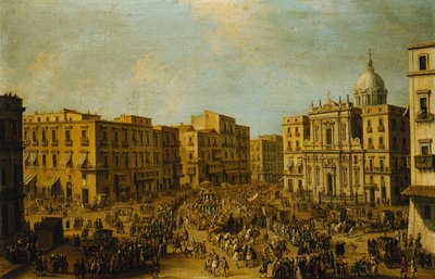 Largo San Ferdinando, Napoli, ved karnevalstid med den kongelige vognen som nærmer seg Palazzo Reale, av Antonio Joli