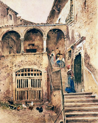Innenfor gårdsplassen til leiegården, av Antonio Mancini (1852-1930) av Antonio Mancini
