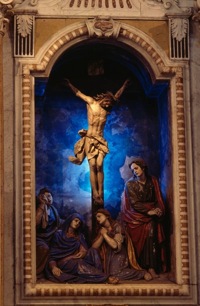 Crucifixion, av Anton Maria Maragliano (1664-1739), Crucifix kapell, Shrine of Our Lady of Acquasanta, Acquasanta, Genova, Liguria, Italia av Antonio Maria Maragliano