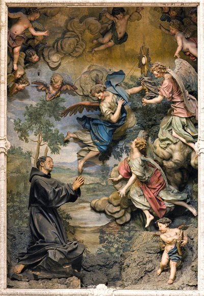 San Pasquale Baylon i tilbedelse (freskomaleri på utskåret tre) av Antonio Maria Maragliano