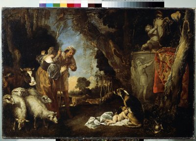 Barndommen til kong Kyros (barndommen til kong Kyros). Kyros II eller Kyros den store (ca. 559 f.Kr. -529 f.Kr.), grunnlegger av det persiske riket. Babyen blir tatt inn og ammet av en hund. Maleri av Antonio Maria Vassallo (ca. 1620-1664/1673). H av Antonio Maria Vassallo
