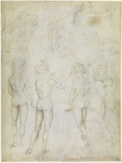 Fire studier av en kvinnelig nakenhet, en bebudelse og to studier av en kvinne som svømmer, ca. 1425 (metallspiss, penn og blyant i brunt på pergament) av Antonio Pisanello