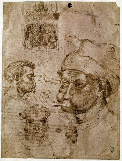 Fire menns hoder, hvorav to har tre ansikter. En altertavle. En hest. Tegninger fra verkstedet til Antonio di Puccio Pisano dit Pisanello (1395-1455). Brunt blekk, penn (tegning), blod. Mål: 27,1x20,5cm. Louvre, Cabinet des medailles. av Antonio Pisanello