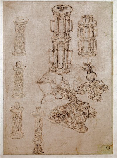 Tre hjelmer toppet med kister og to våpenstykker demolert. Tegning av Antonio di Puccio Pisano dit Pisanello (1395-1455) Brunt blekk, svart stein, fjær. Mål: 28,7x20,6cm. Louvre, tegnefirma av Antonio Pisanello