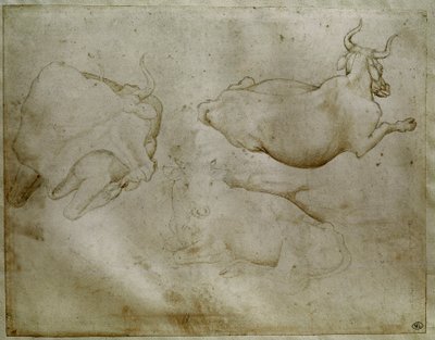 To kyr og en einer. Tegning av Antonio di Puccio Pisano dit Pisanello (1395-1455). Rull, metallspiss. Høyde: 17,6 cm. Louvre, Cabinet des medailles av Antonio Pisanello
