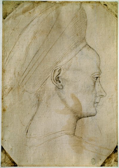Ung kvinnes hode, i profil til høyre. Tegning av verkstedet til Antonio di Puccio Pisano dit Pisanello (1395-1455). Brunt blekk, svart stein, fjær. Mål: 24,6x17,2 cm. Louvre, Cabinet dessins. av Antonio Pisanello